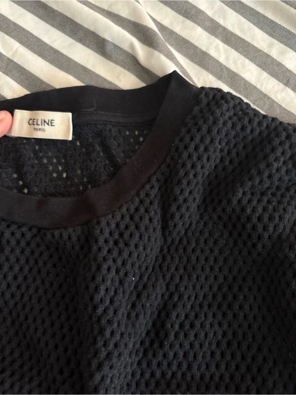 Celine Black Mesh Logo Tee with White Lettering - Picture 4 of 6